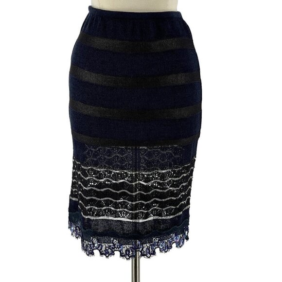 Christian Lacroix Dresses & Skirts - Christian Lacroix Vintage Navy Black Stripe Knit Pencil Skirt Lace Sequin Trim S